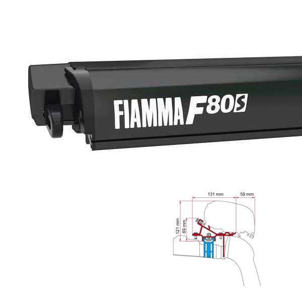 Markise FIAMMA F80 S 400 Royal grey Gehaeuse deep black inkl. Adapter VW Crafter II MAN TGE H3 L4 ab 2017 mit Schiene auf dem Dach